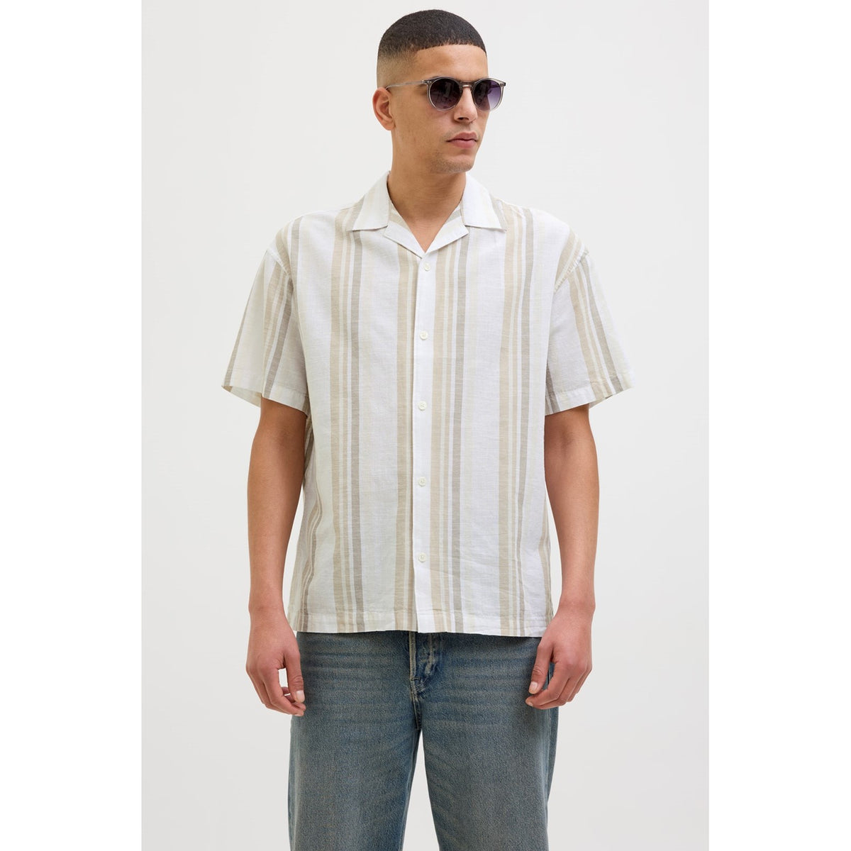 Jack & Jones Jack & Jones Premium revere collar linen shirt in White with Green stripe Shoes