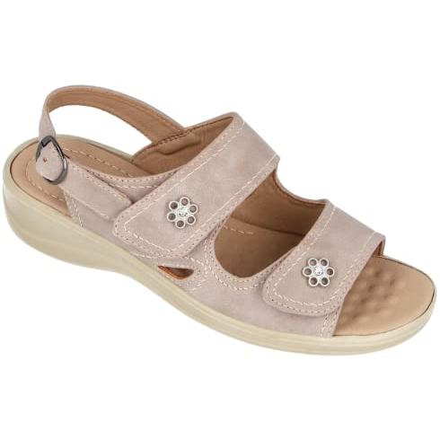 Cushion Walk Ladies Faux Leather Peep Toe Touch Close Double Foot Straps Flower Buckle Sling Back Low Wedge UK Summer Sandals AMY