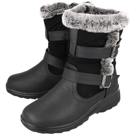 Cushion Walk Ace Ladies Leather Look Faux Fur Trim Flat Warm Mid Calf Length Boots