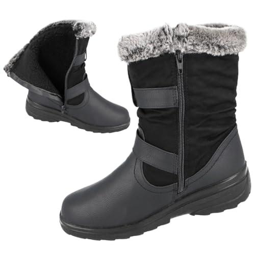 Cushion Walk Ace Ladies Leather Look Faux Fur Trim Flat Warm Mid Calf Length Boots