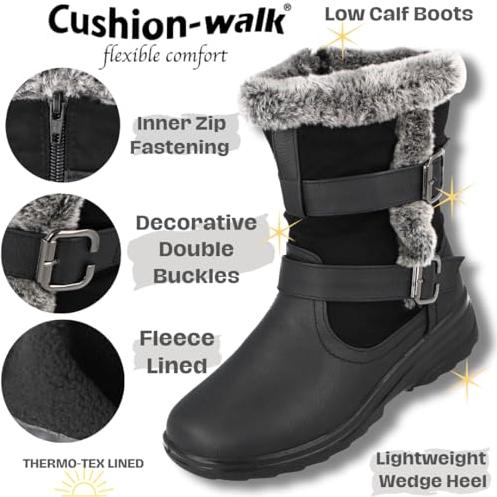Cushion Walk Ace Ladies Leather Look Faux Fur Trim Flat Warm Mid Calf Length Boots