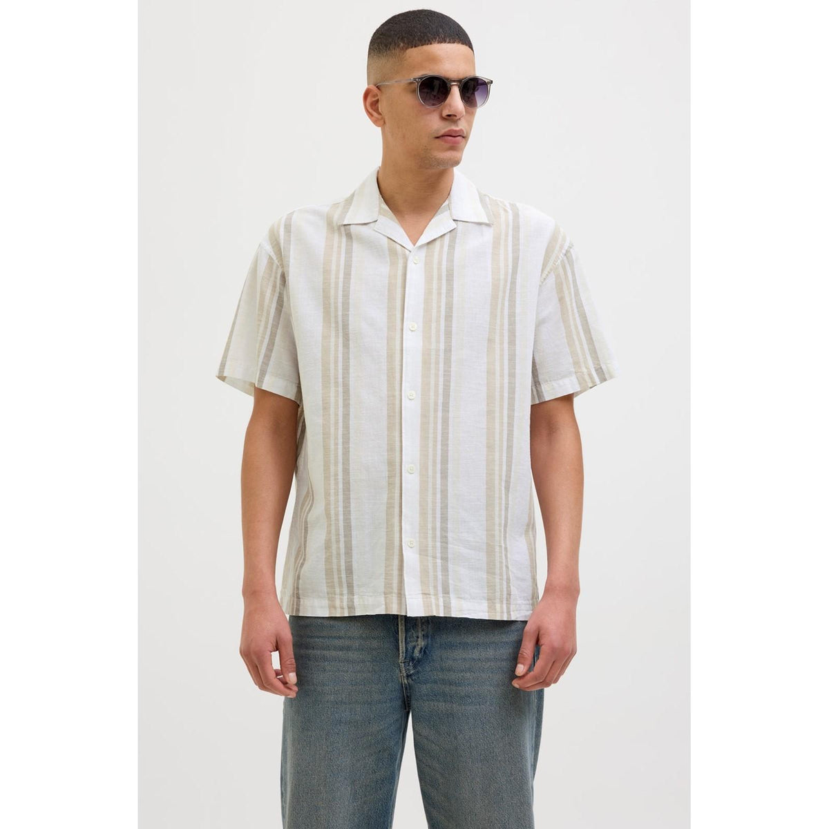 Jack & Jones Jack & Jones Premium revere collar linen shirt in White with Green stripe Shoes