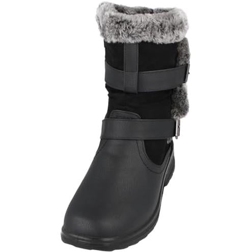 Cushion Walk Ace Ladies Leather Look Faux Fur Trim Flat Warm Mid Calf Length Boots
