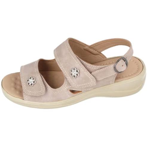 Cushion Walk Ladies Faux Leather Peep Toe Touch Close Double Foot Straps Flower Buckle Sling Back Low Wedge UK Summer Sandals AMY
