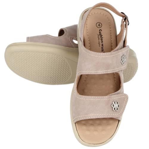 Cushion Walk Ladies Faux Leather Peep Toe Touch Close Double Foot Straps Flower Buckle Sling Back Low Wedge UK Summer Sandals AMY