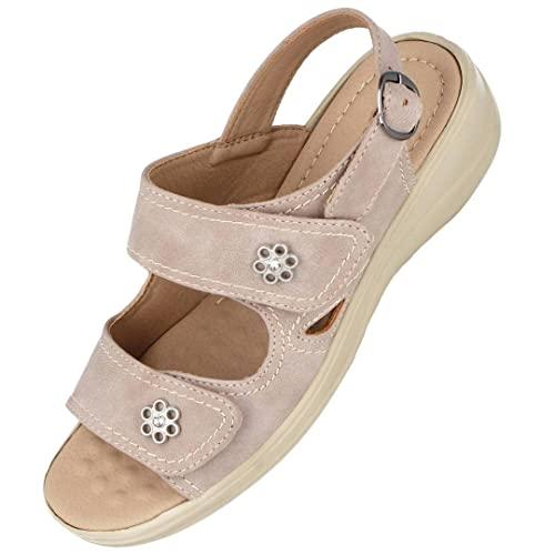 Cushion Walk Ladies Faux Leather Peep Toe Touch Close Double Foot Straps Flower Buckle Sling Back Low Wedge UK Summer Sandals AMY