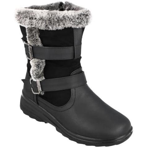 Cushion Walk Ace Ladies Leather Look Faux Fur Trim Flat Warm Mid Calf Length Boots