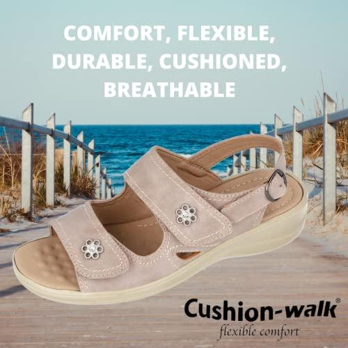Cushion Walk Ladies Faux Leather Peep Toe Touch Close Double Foot Straps Flower Buckle Sling Back Low Wedge UK Summer Sandals AMY