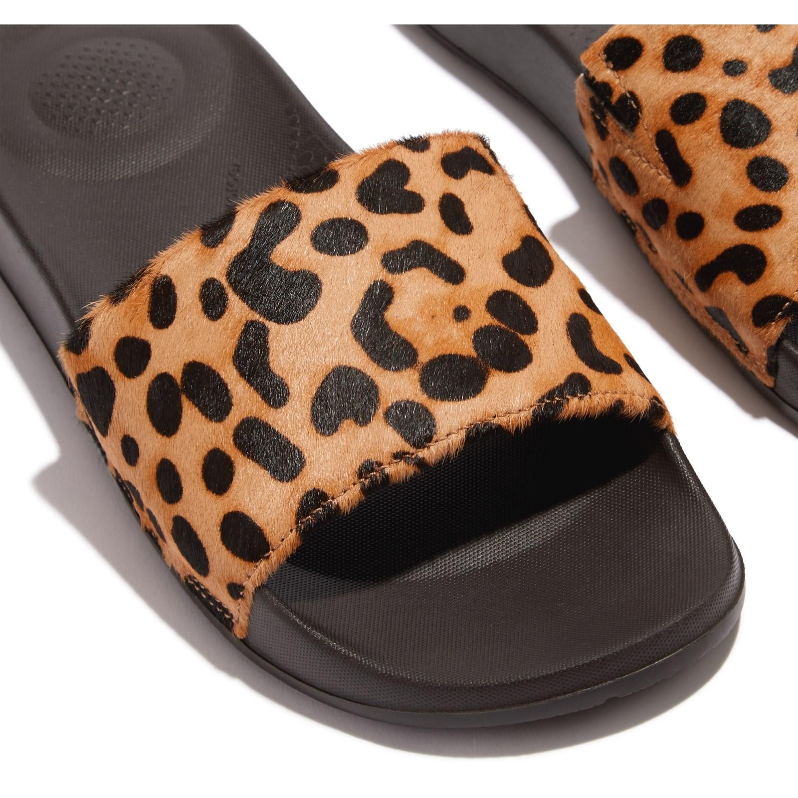 Fitflop iQUSHION Leopard-Print Leather Slides Sandals