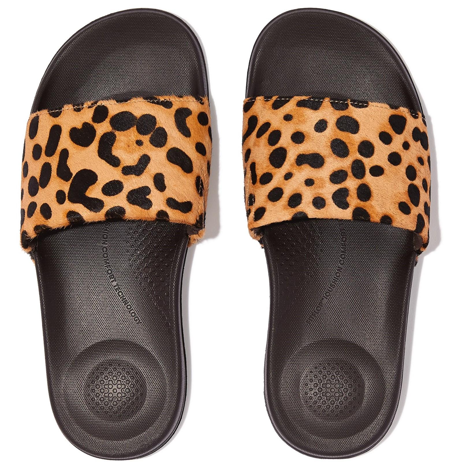 Fitflop iQUSHION Leopard-Print Leather Slides Sandals